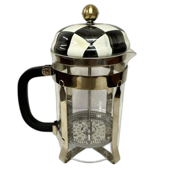 NWOT Open Box Mackenzie-Childs French Press Courtly Check Black Cream Coffee - Picture 1 of 8